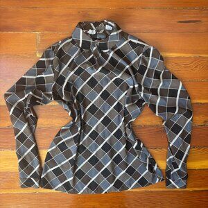 70s Vintage Jones New York Argyle Checkerboard Long Sleeve Blouse SMALL